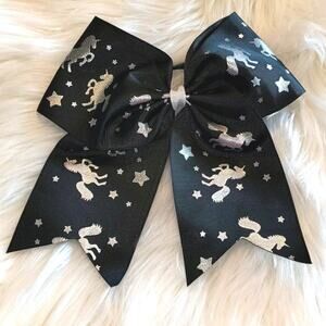 Large Boutique Bow Black and Silver Metallic Unicorn Stars Hair Tie